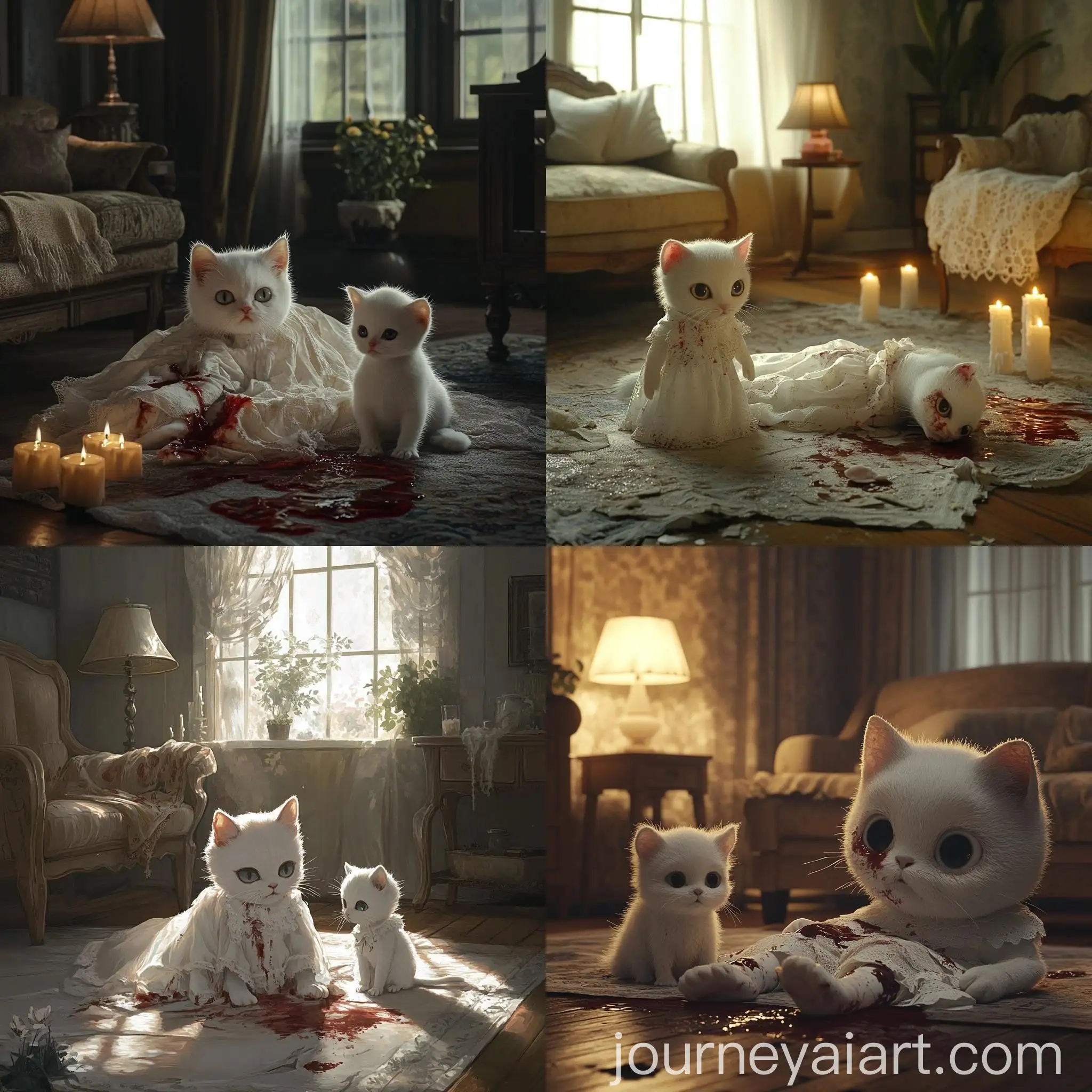 Tragic-White-Cat-Scene-in-Cozy-Living-Room-with-Candles