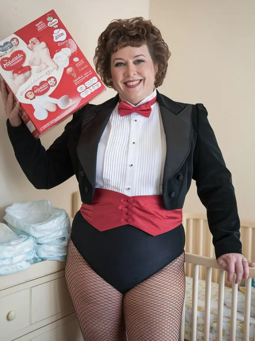 sweet very beautiful smiling middle aged huge fat obese with large wide hips Caucasian woman, with short brunette curly hair, standing facing forward wearing a very formal concert tuxedo with black long sleeve cropped Eton jacket, white wing tip tuxedo shirt with pleated front, scarlet red adjustable neckband bow tie, scarlet red cummerbund, black high cut leotard bottom, fishnets, holding large scarlet red and white box of Huggies while standing next to a changing table with a stack of plastic disposable diapers in a nursery, full body front view