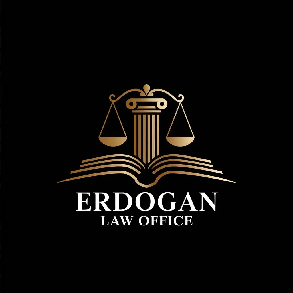 LOGO Design for Erdoan Law Office Prestigious Gold Law Symbols on Black Background