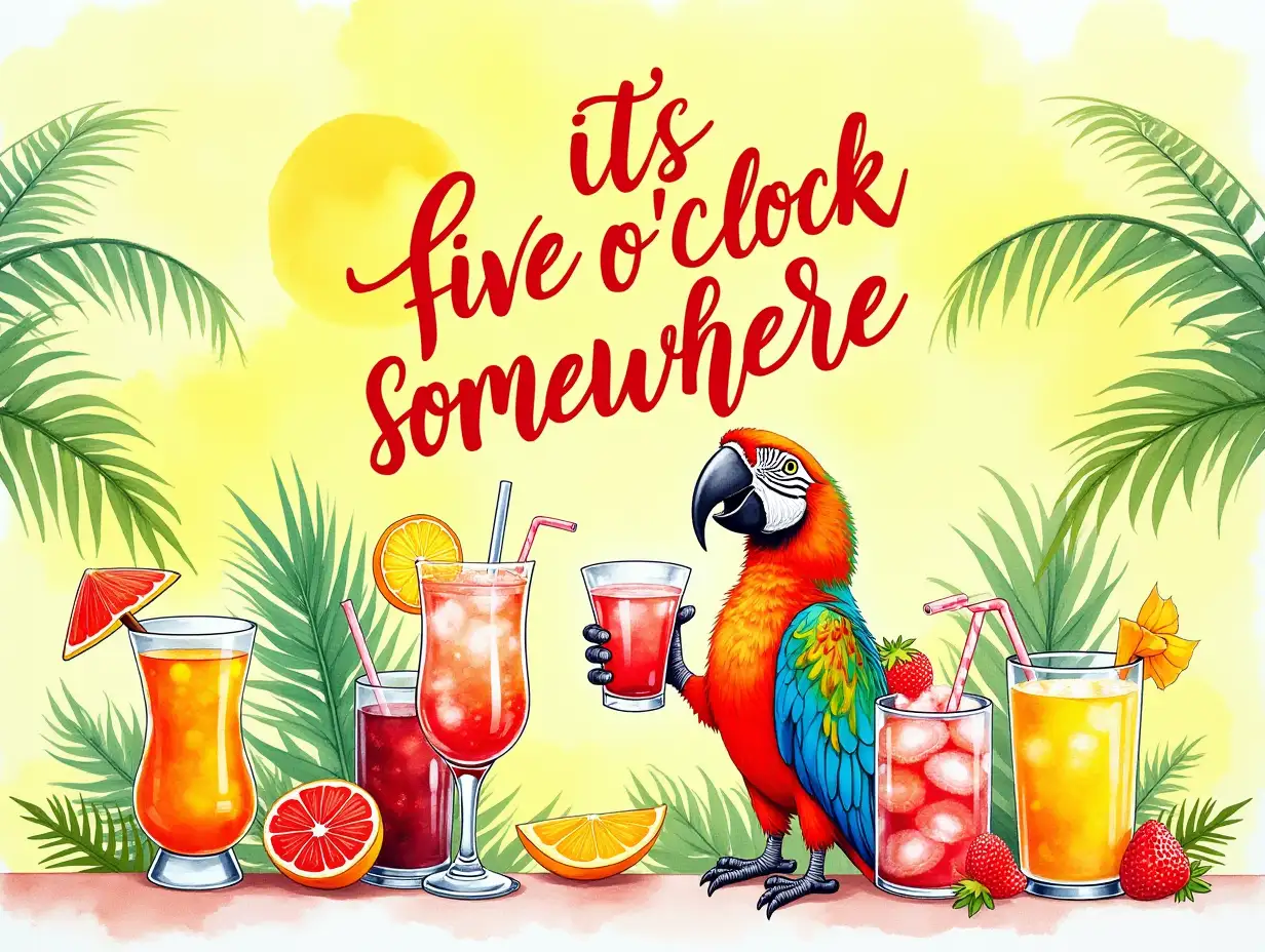 grunge-style, Watercolor art. A vibrant, tropical-themed illustration featuring a colorful macaw holding a refreshing cocktail, surrounded by assorted tropical drinks and lush greenery. The macaw, with its striking red, orange, and blue plumage, is positioned centrally against a cheerful, bright background. The words 'it's five o'clock somewhere' are prominently displayed in bold, playful typography, adding to the fun, relaxed vibe of the scene. The overall aesthetic is hyperrealistic, with high detail in the feathers of the bird and the textures of the drinks, utilizing a warm color palette of yellows, greens, and reds to evoke a summery feel. Elements such as palm leaves, fruit garnishes, and festive drinkware enhance the tropical atmosphere, creating a sense of vacation and leisure.