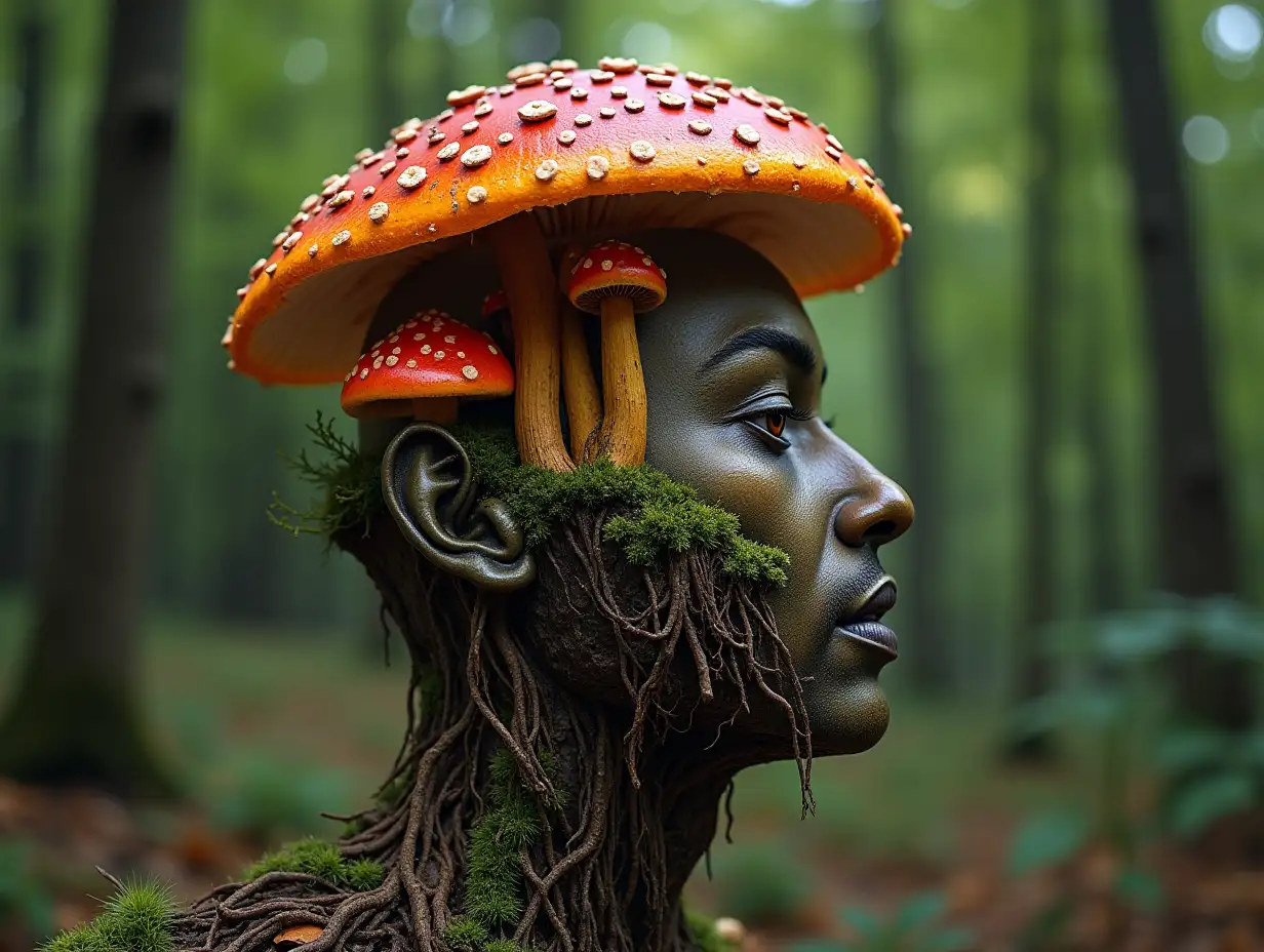 Face with colorful mushroom in mouth roots transformed into building in the forest