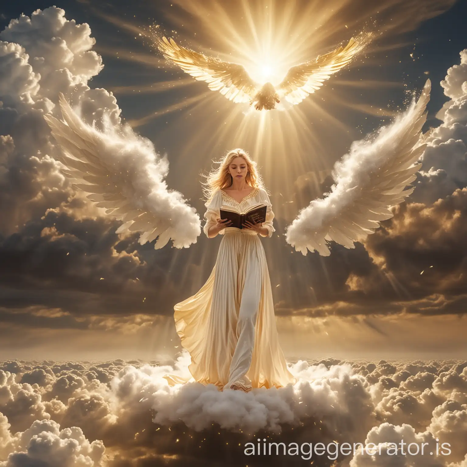 Angel-Woman-with-Blonde-Hair-and-Golden-Dress-Reading-a-Book-in-the-Sky