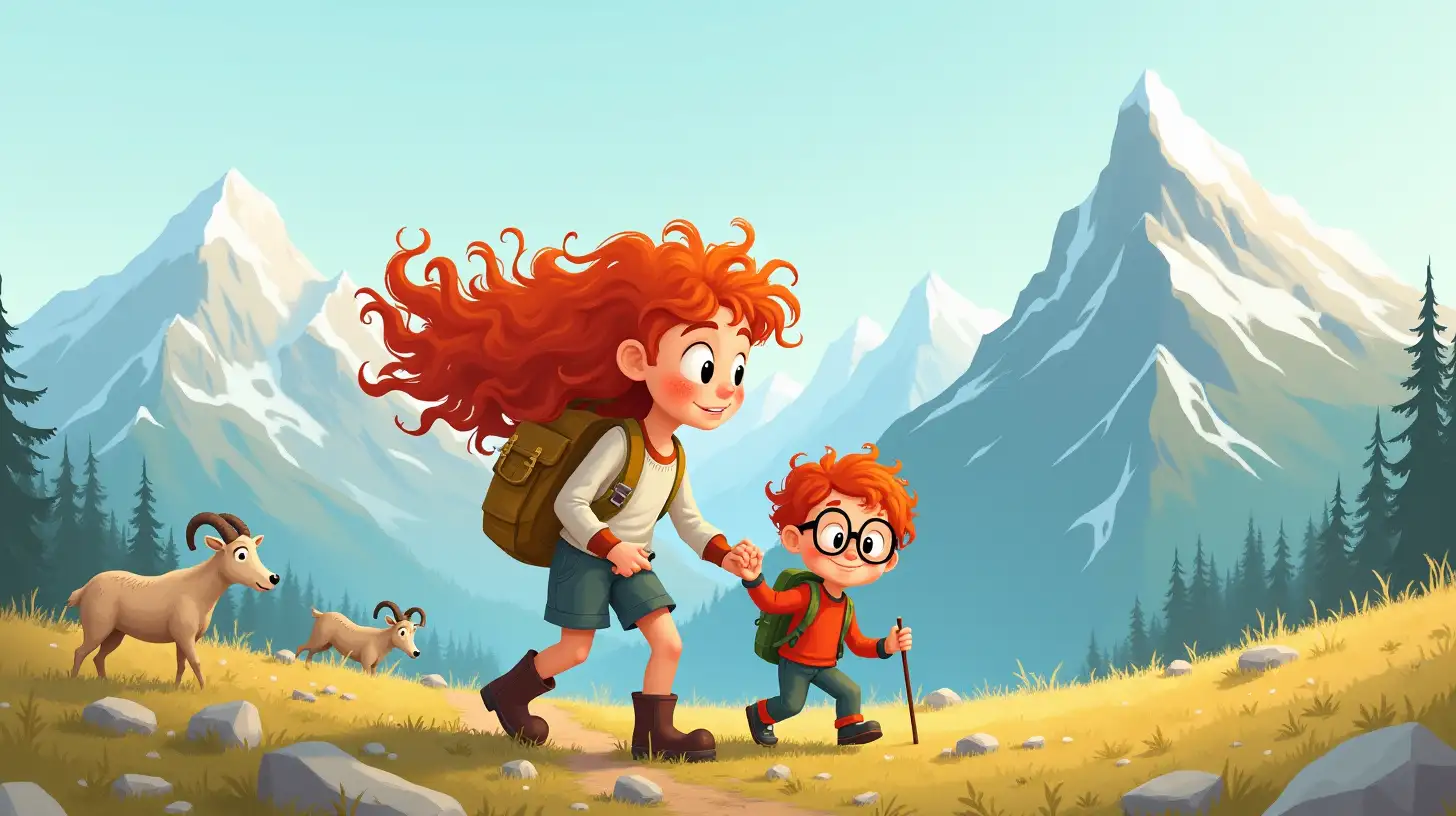 RedHaired Siblings Hiking in a Whimsical Mountain Landscape