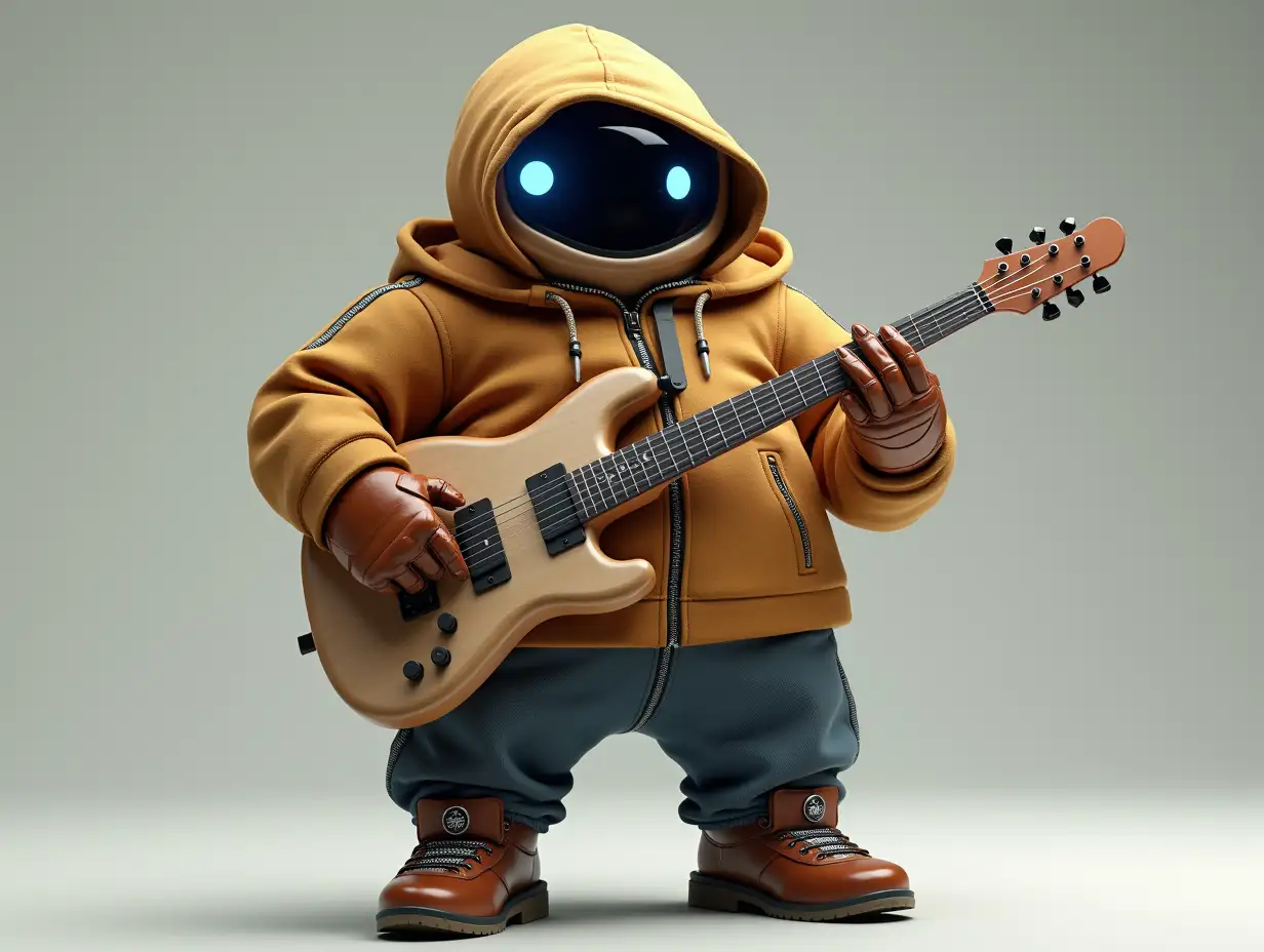 Create a high-resolution, realistic image of a robot with a thick body, brown leather shoes and a fashionable tracksuit, holding a guitar and wearing a hoodie in 4K resolution.