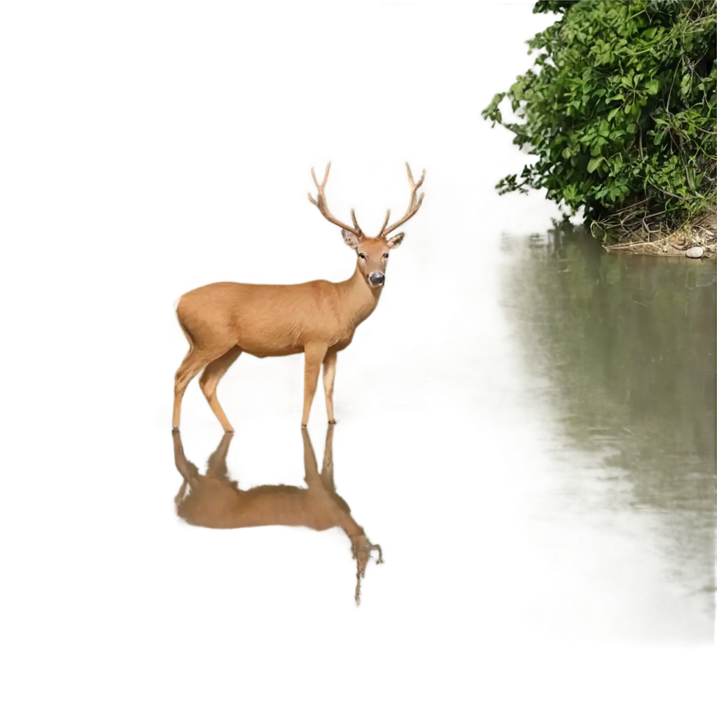 one deer is in the side of river and he is drinking water from river but he has no reflection in the river water. jungle backgrownd