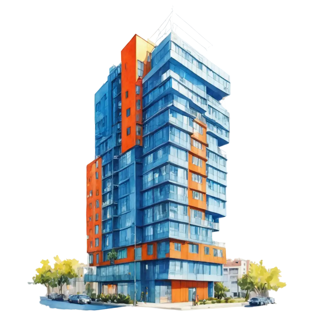 Modern-HighRise-Apartment-Building-PNG-Vibrant-Watercolor-Architectural-Rendering-with-Glass-Balconies-and-Futuristic-Design