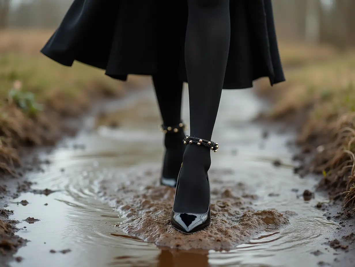 Elegant-Woman-in-Black-Patent-High-Heel-Pumps-Walking-Through-Mud