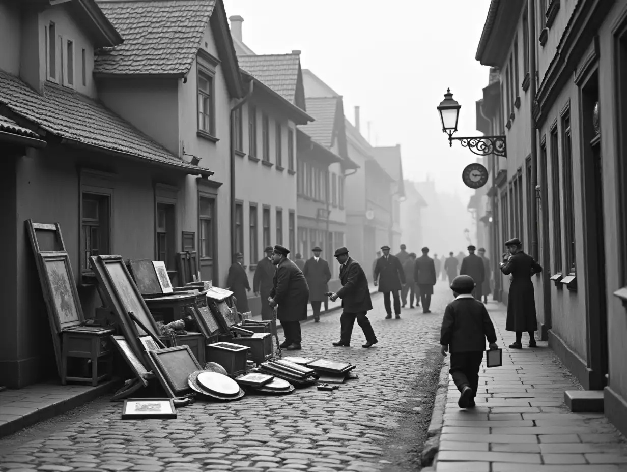 Street, Germany, on the left a house with a gabled roof, in front of it in the middle of the sidewalk, right cobblestone street, right nothing, in front of the house many furnishings, paintings, books are thrown onto the street by 2 soldiers, men throw books, people rummage through the furniture, on the right in the foreground a small boy 1.2m tall alone in backview