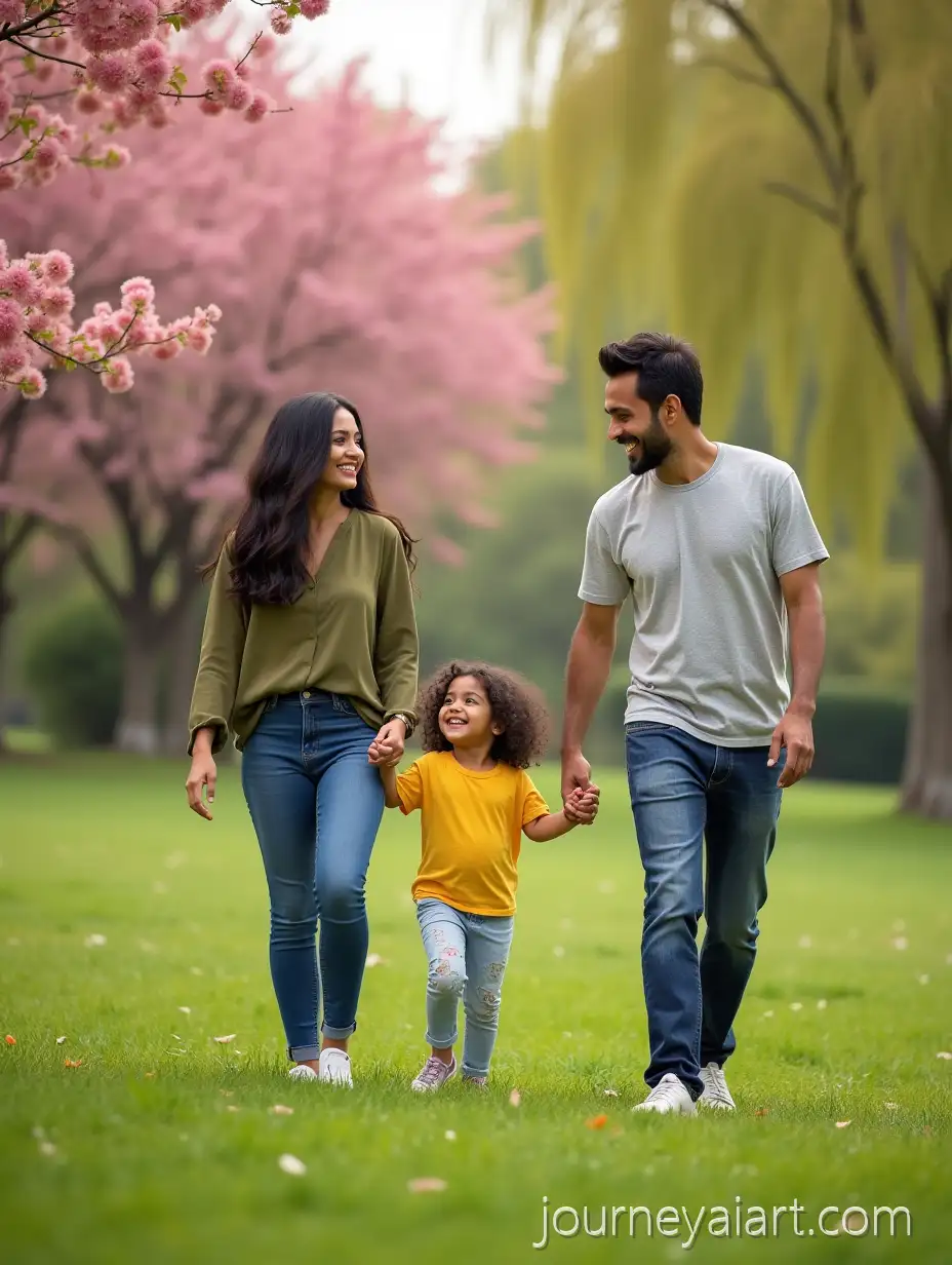 Indian-Family-Enjoying-a-Sunny-Day-in-the-Park-with-DaughterFamily-walking-in-park