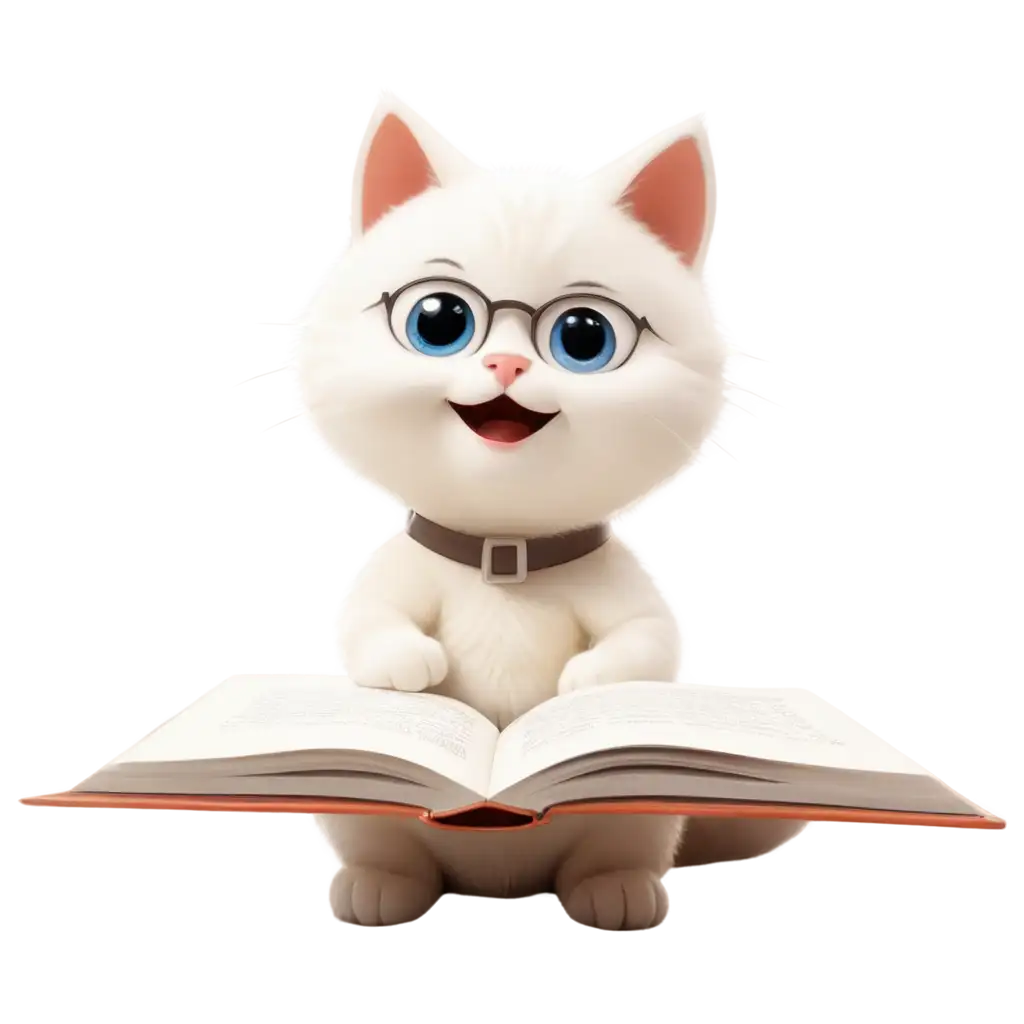 Cute-White-Kitty-Smiling-and-Reading-a-Book-HighQuality-PNG-Image-for-Various-Uses