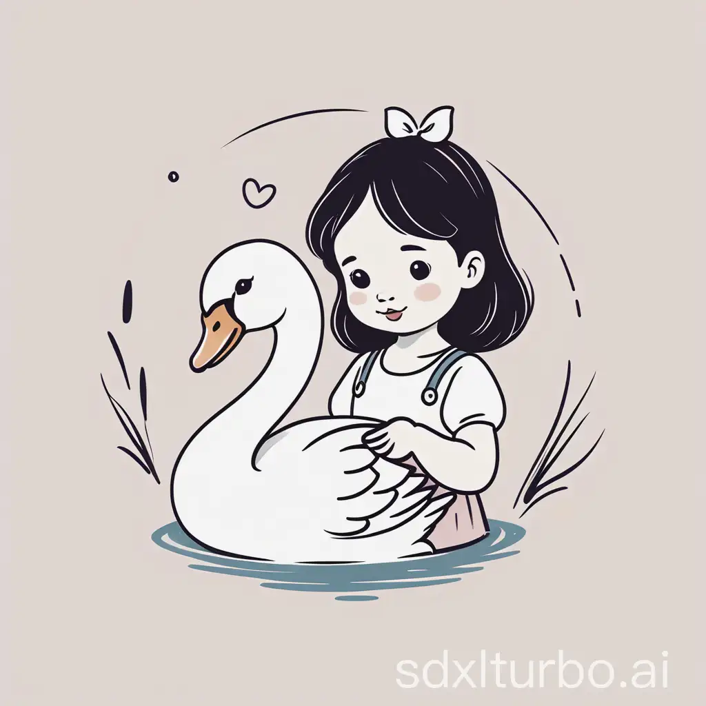 Little girl holding a swan, simple, simple sketch, cartoon logo