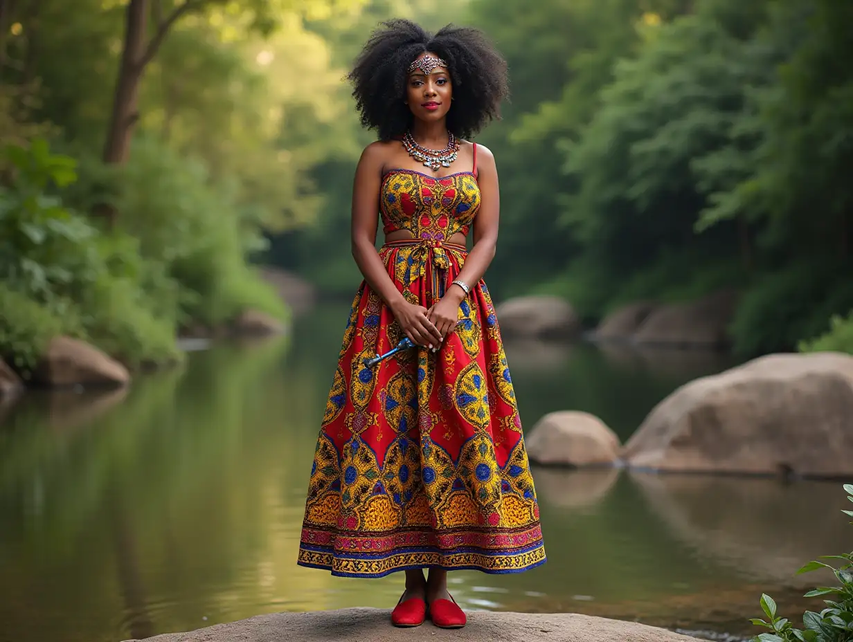 African princess beautiful colorful dress- jewel crown,painting nails,red shoes,standing on a rock in the garden with an instrument in her hand 4K resolution vibrant