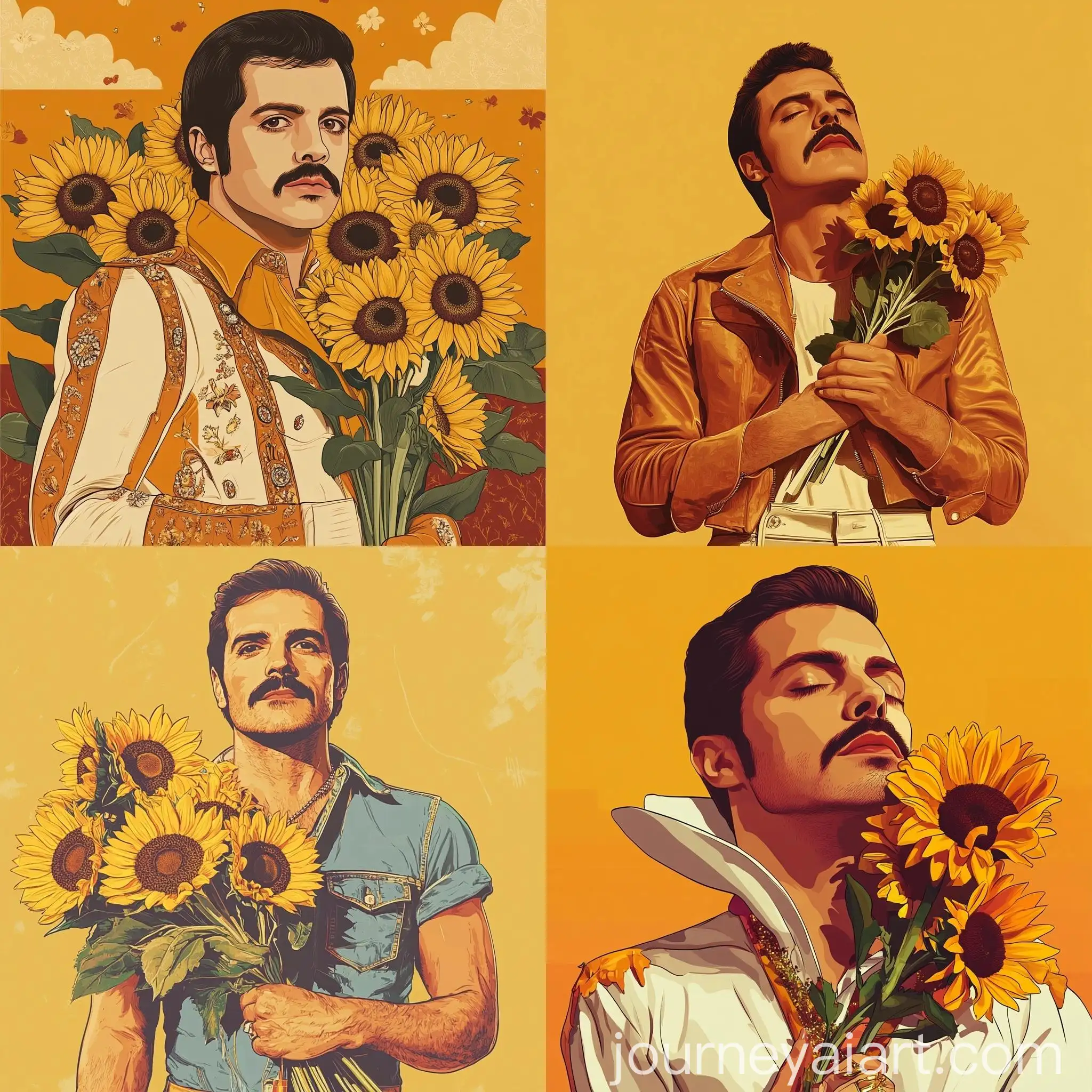 Vintage-Illustration-of-Freddie-Mercury-Holding-Birthday-Sunflowers
