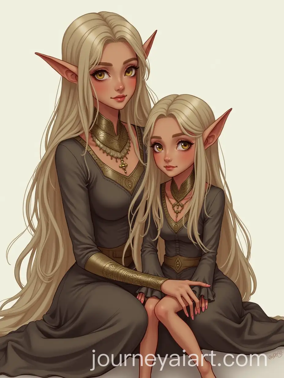 Elf-Woman-and-Daughter-Sitting-with-Long-Straight-Hair