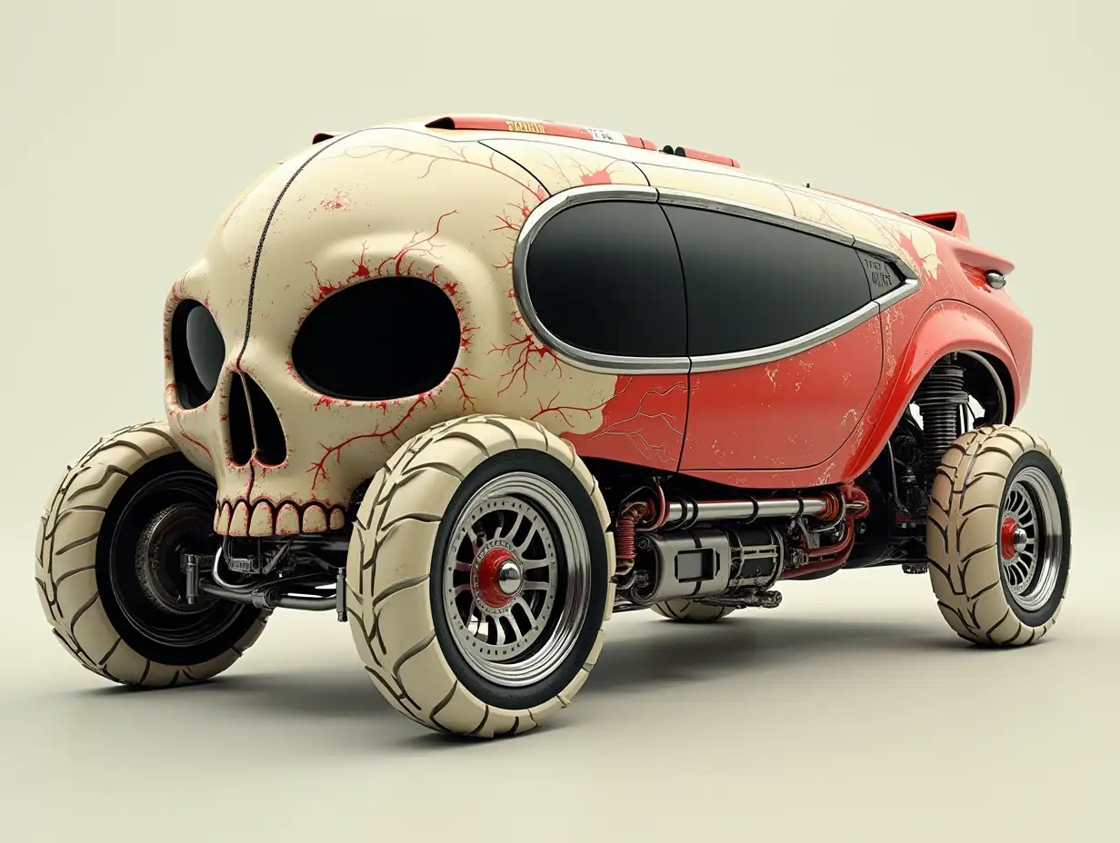 Supermodern utopian sports omnibus lowered body with skull, aluminum wheels, wide cream tires, cream red, black cyberpunk