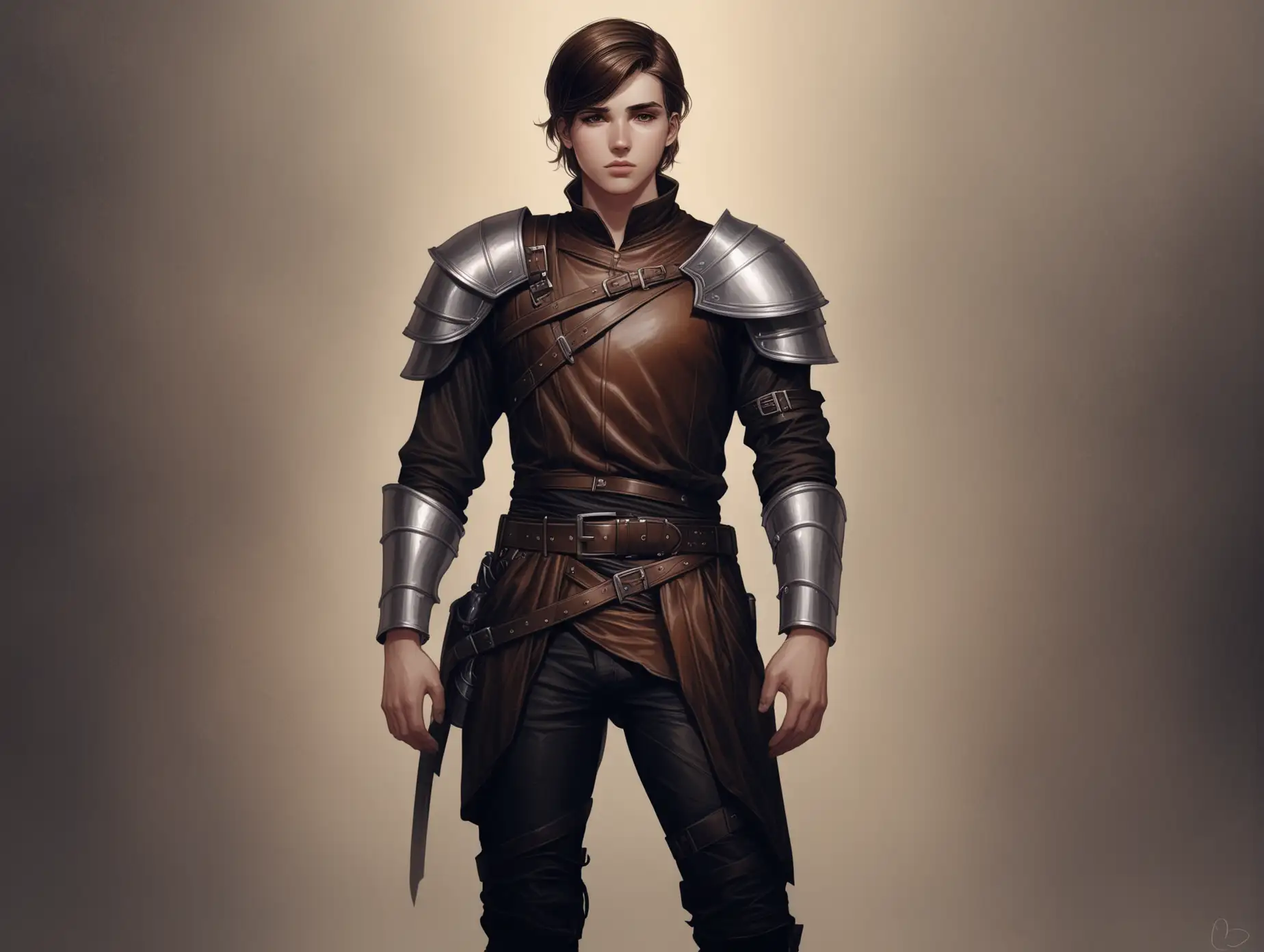 young man brunette in old or worn leather clothing mercenary, with one metal shoulder guard, full height, hands on belt, Charlie Bowater, Fantasy