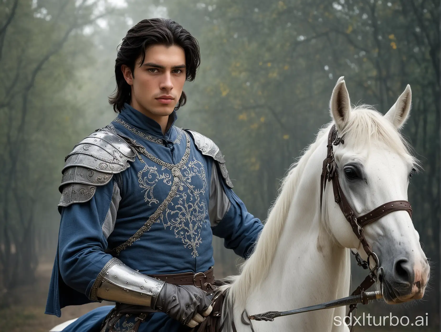 a handsome young man about 25 years old, dark hair almost up to shoulders, in gray-blue medieval nice outfit and with a two-handed sword^ stands near a white  saddled horse.