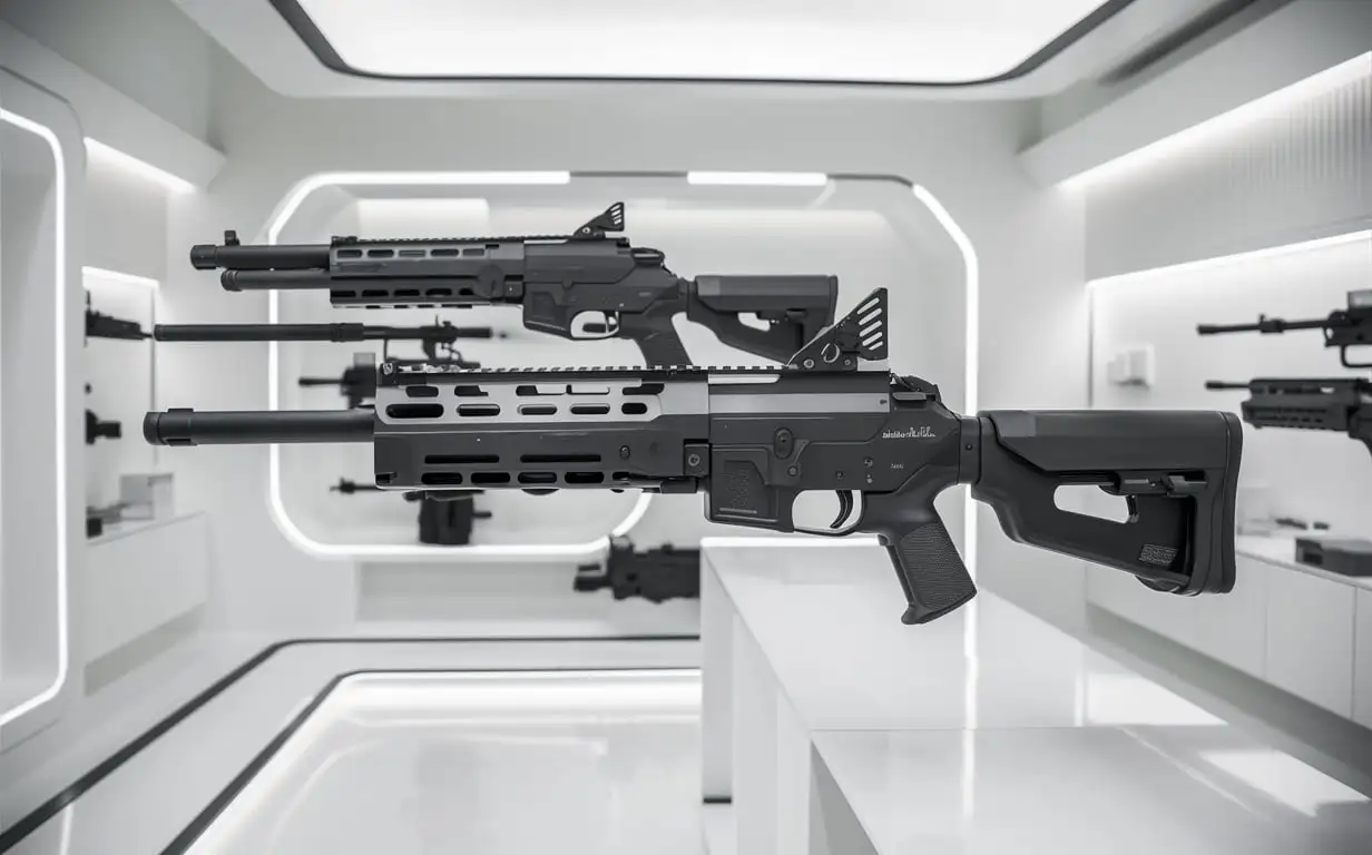 Modern-Firearms-Display-in-Clean-White-Room