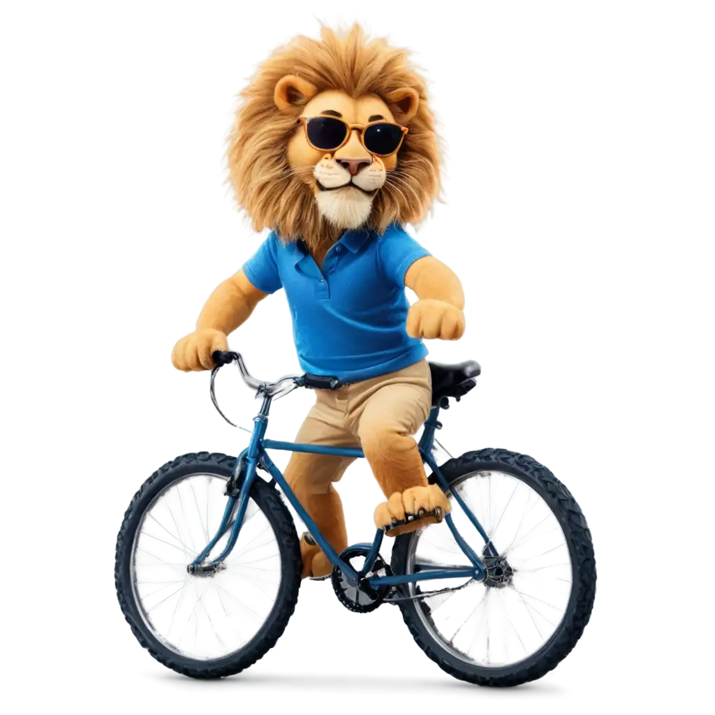 Lion-Riding-Bicycle-with-Sunglasses-and-Blue-Polo-Shirt-PNG-Image-for-Creative-Use