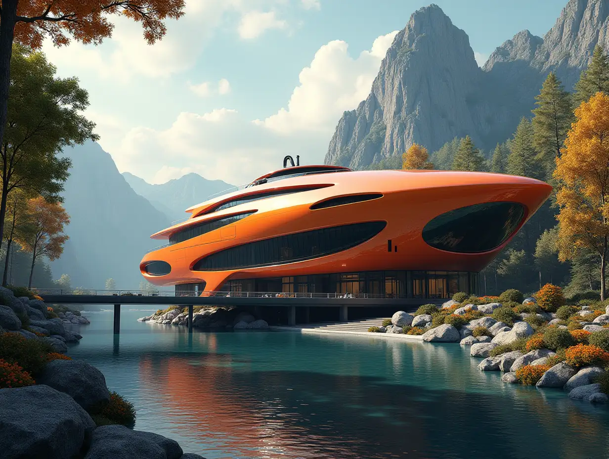 Create a high-resolution realistic image in 4k resolution a futuristic Orange with black Building with curved pillars, mountains large trees, rocks flowers a futuristic very large Yacht with glass window cloudy sky