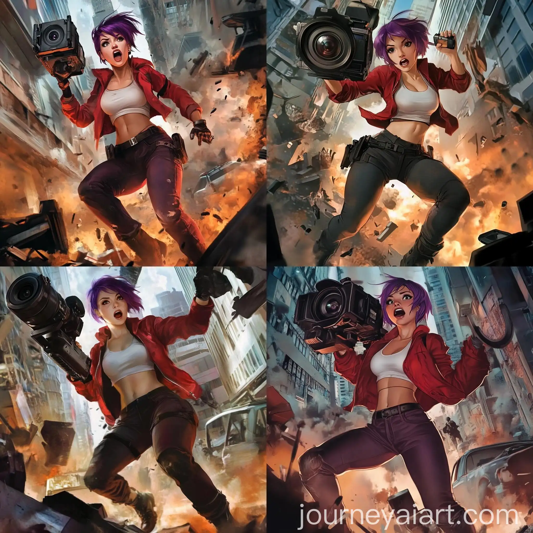 PurpleHaired-Woman-Filming-Urban-Chaos