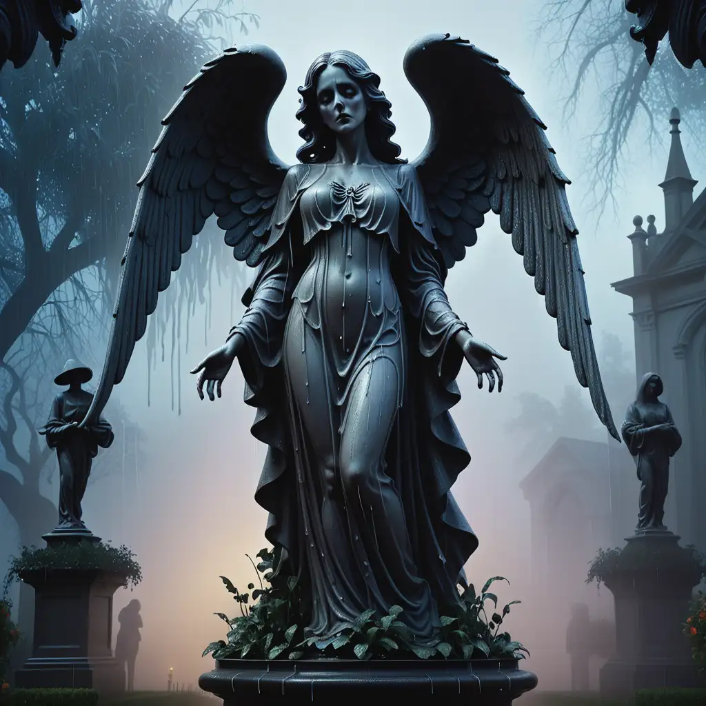 Victorian-Gothic-Garden-Angel-of-Death-Amidst-Twilight-Rain-and-Fog