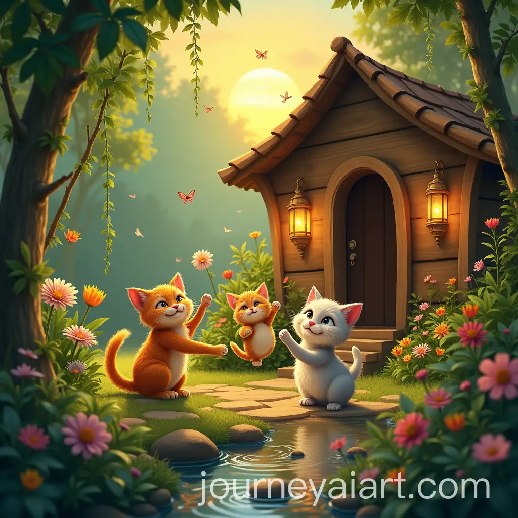 Happy-Cat-Family-Playing-in-Enchanting-Jungle-with-Cozy-Wooden-Home