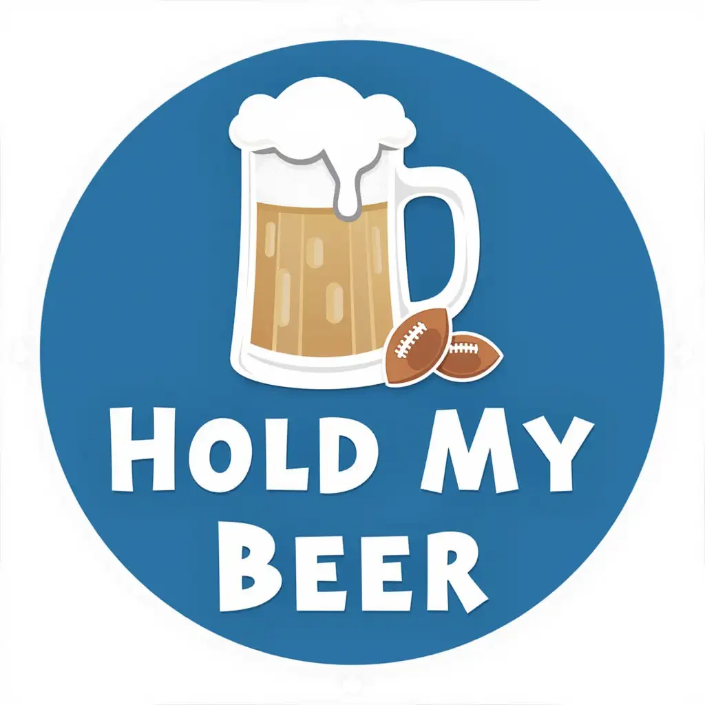 modern-style round logo with the text 'Hold My Beer' and image of frosty beer mug and small footballs in blue and white color scheme