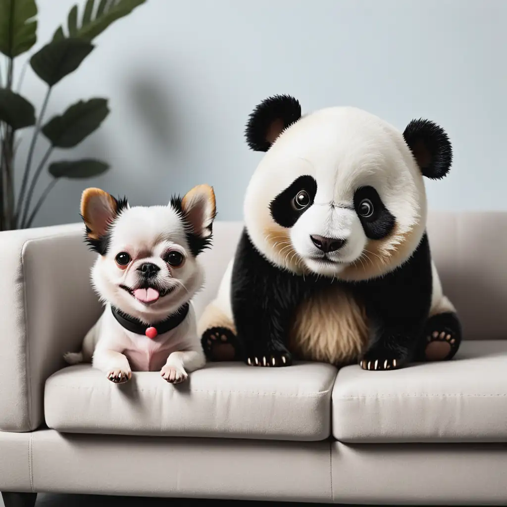 A small dog and a panda sitting on a sofa