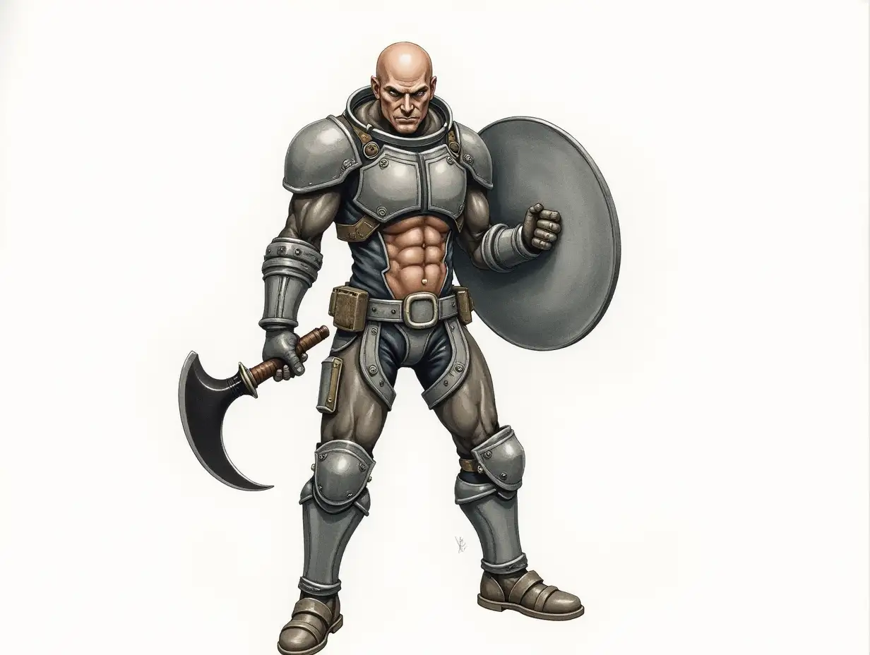 muscular fighter. in combat spacesuit style steampunk. in one hand a large round shield. in the other a black sword similar to a machete. drawing in watercolor.