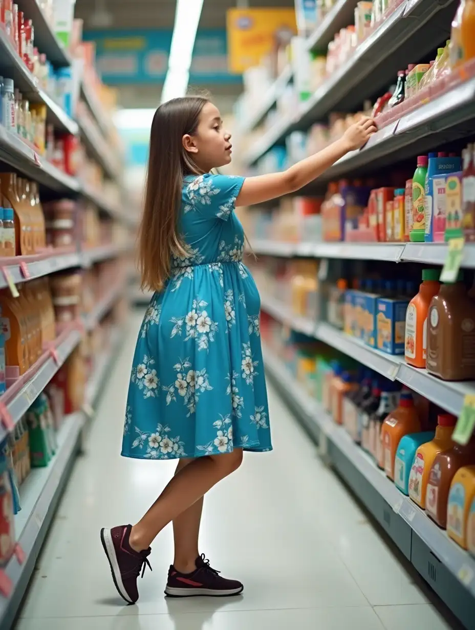 Pregnant-Girl-in-Blue-Floral-Dress-Reaching-on-Toes-in-Busy-Store