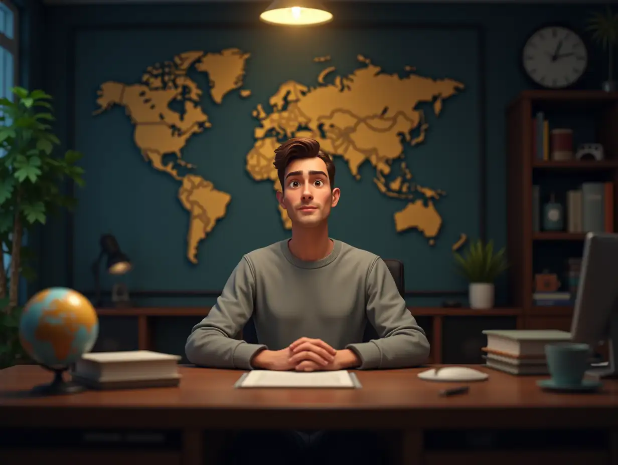 Create a highly detailed animated-style scene in 4K resolution featuring a man sitting at his office desk. The man is depicted from a front view, looking straight ahead with a simple, neutral expression. He wears a gray sweatshirt. The desk is neatly arranged with a map ball placed on one side and a book on the other. In the background, clearly visible and unblurred, a wall-mounted world map is displayed, and in the corner there is a bookshelf adorned with some lush green plants and a vintage-style lamp. The lighting is dim and atmospheric with a light fixture illuminating the scene from above, creating a dark vintage ambiance. Every element, from the crisp textures of the office details to the precise animated character, is rendered in stunning clarity and depth.