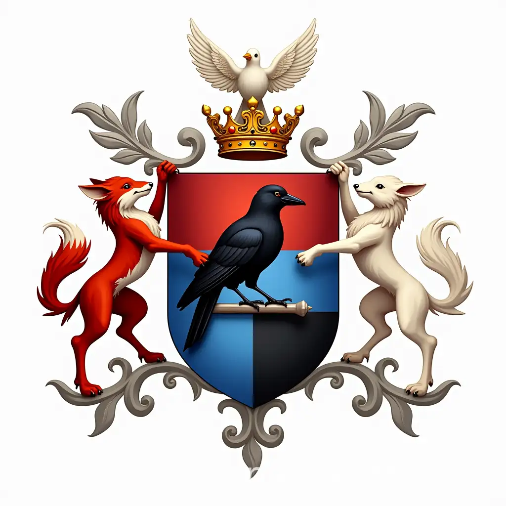 Heraldic-Family-Crest-with-Crow-Fox-and-Lamb-Symbols