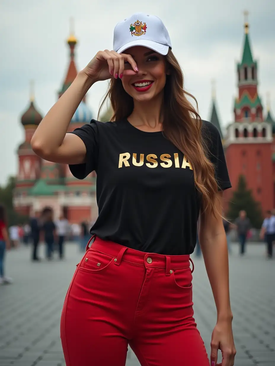 a realistic excited charming beautiful attractive cute sexy 40 year old mom with long beautiful hair, colorful makeup and shiny red lips. With small fingers on her hands, wide hips and beautiful strong thick legs and a very large chest. Wearing a tight fitting black t-shirt with gold writing in Russian 'RUSSIA' and tight bright red new jeans. On her head is a white baseball cap with an image of the golden writing in Russian 'RUSSIA'. Stands on Red Square opposite the Kremlin in Moscow. Hands shaped like a heart. Very realistic, contrasting and detailed.