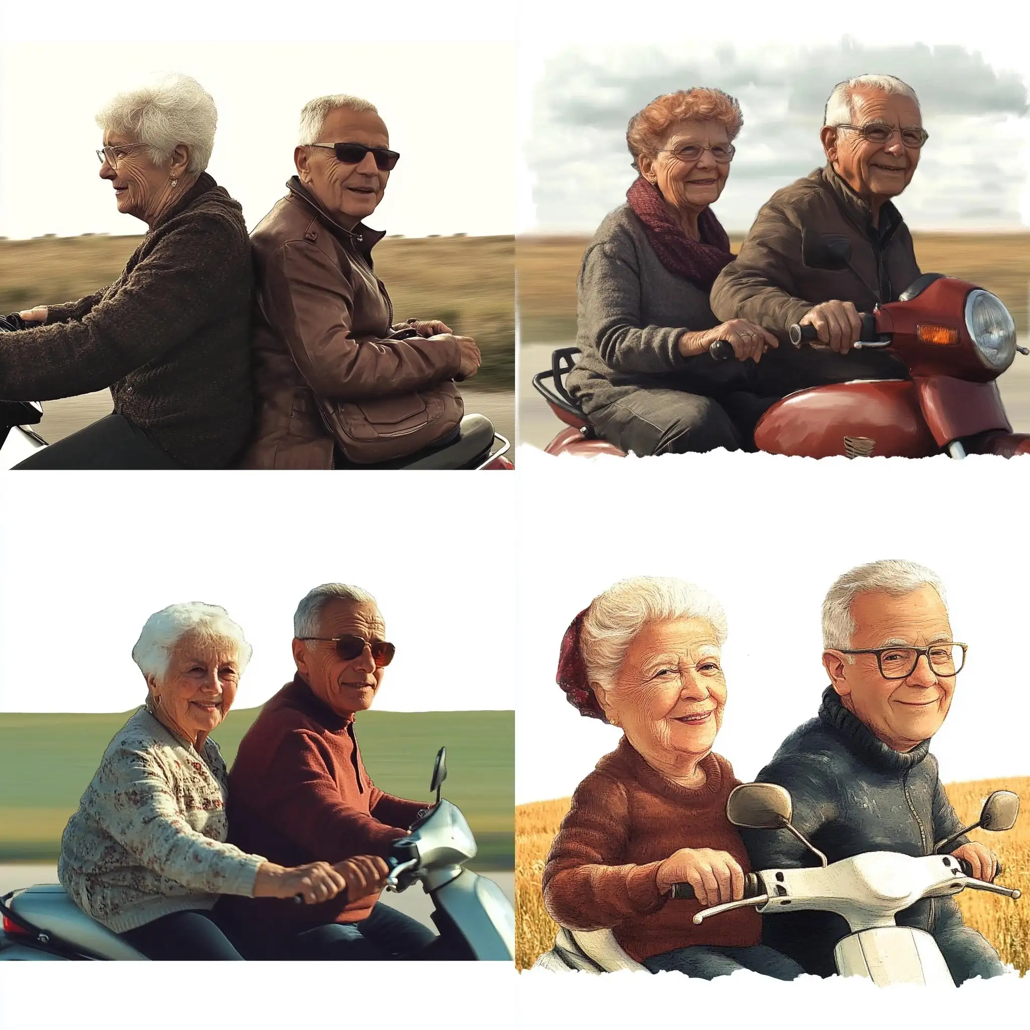 Elderly-Couple-Riding-Motorbike-Through-Open-Field