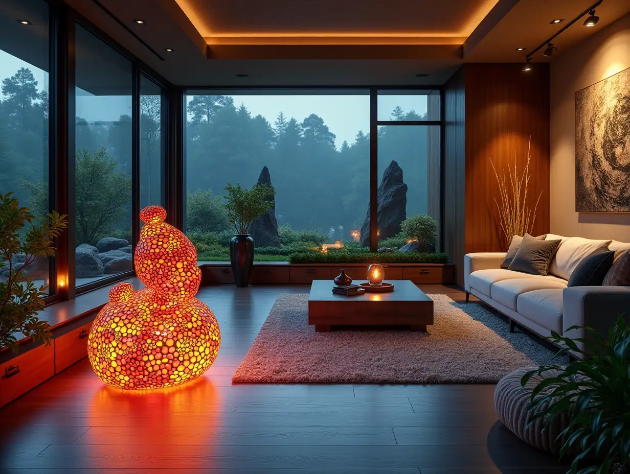 Large modern living room with illuminated colorful metal statue of Pinocchio on the floor.with furnishings with plants with Attack on Titan image on the wall Zen garden with meticulously maintained rocks, a meditative 180 degree shot 8K resolution Vibrant