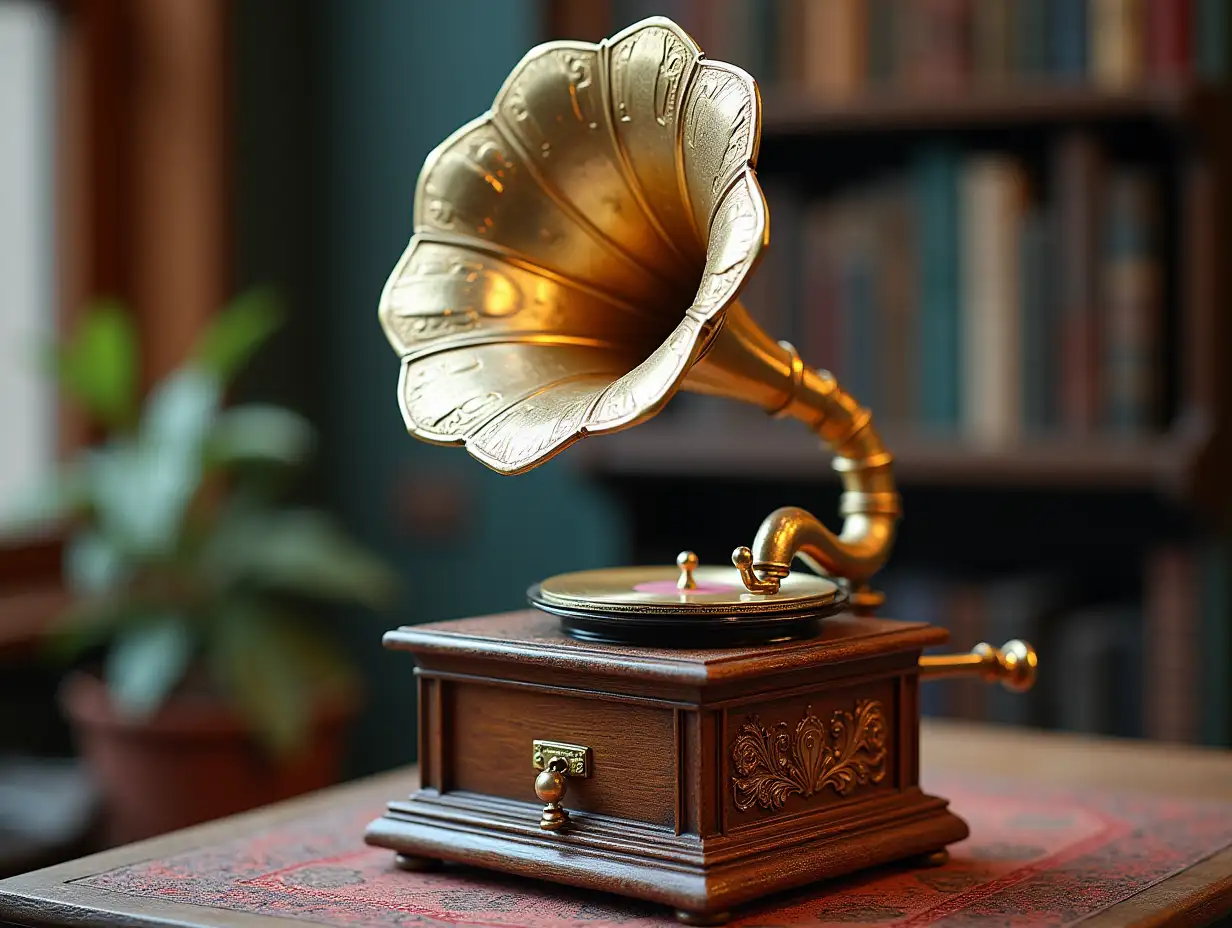 Please generate a very detailed image of a gramophone made of glass and porcelain with ornaments in 4K resolution, vibrant