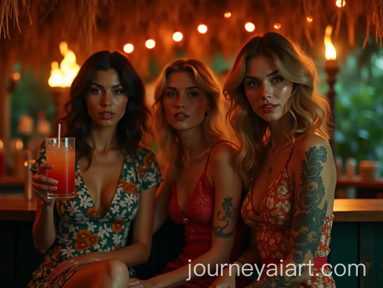 Three-Women-Relaxing-at-a-Haunted-Tiki-Bar-in-Vintage-1960s-Style