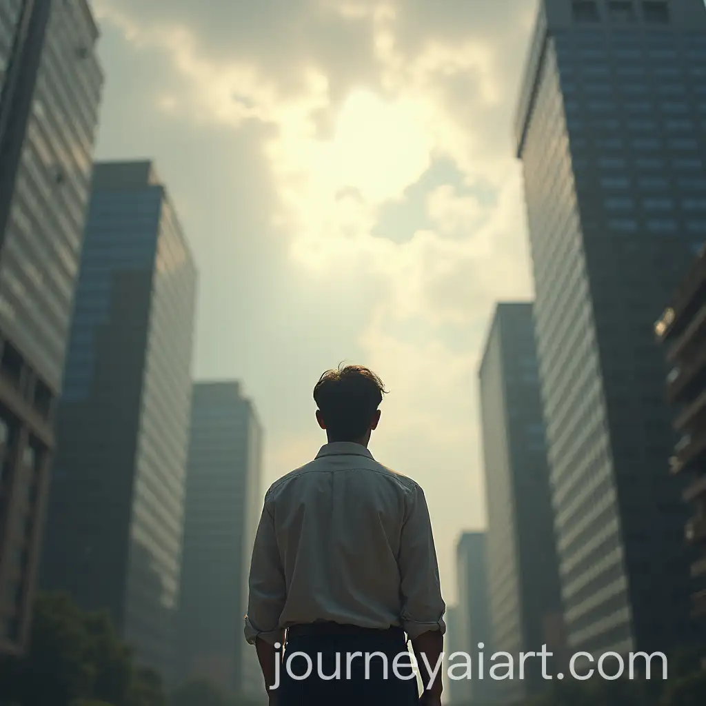 Contemplative-Person-in-Cityscape-Looking-Up-at-Breakthrough-Light