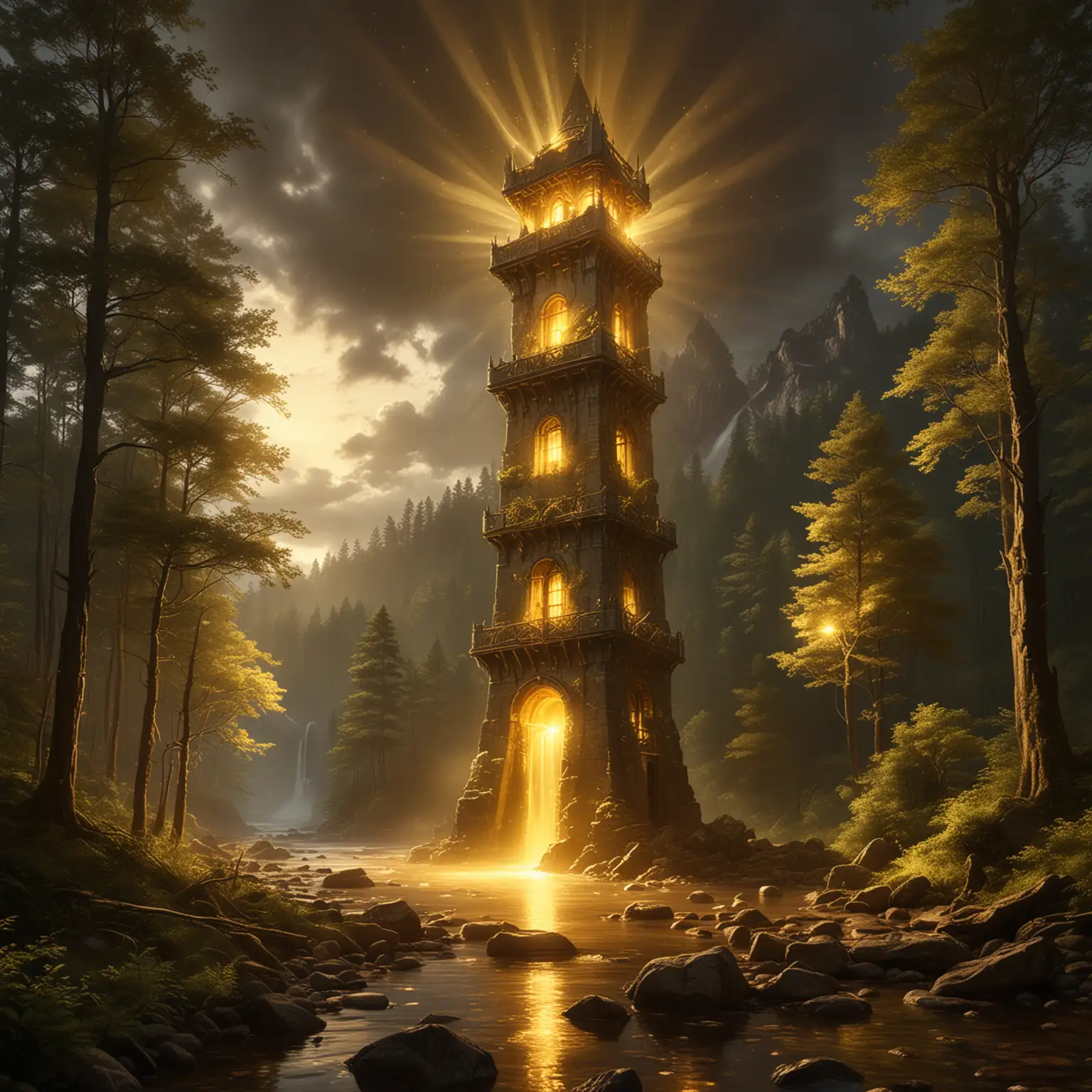 Majestic Tower Illuminated by Golden Light in Tranquil Forest Setting