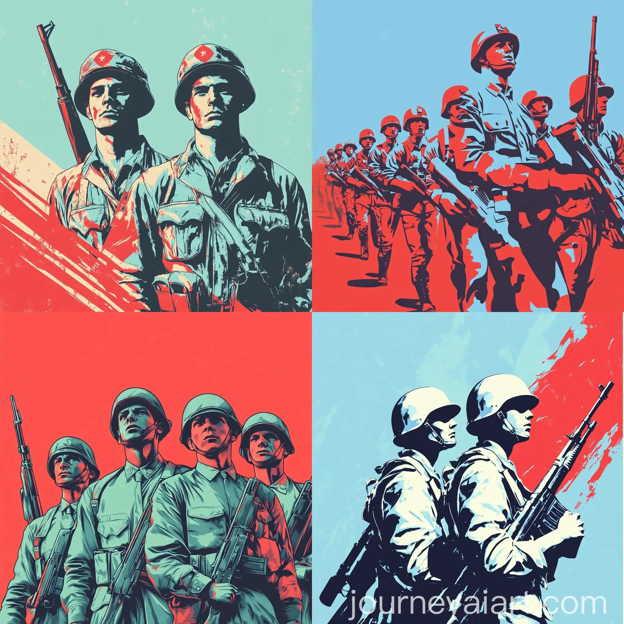 Realism-Drawn-Style-Propagandist-Soldiers-Poster-in-Light-Blue-and-Light-Red-Palette