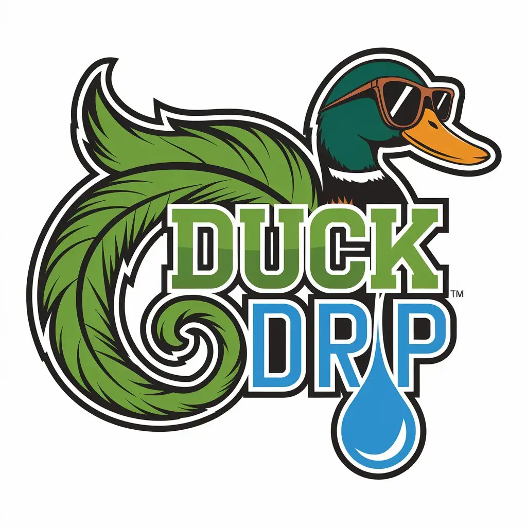 LOGO Design For Duck Drip Curley Duck Tail Feather Water Drop with Mallard Duck Wearing Sunglasses Green Blue Theme