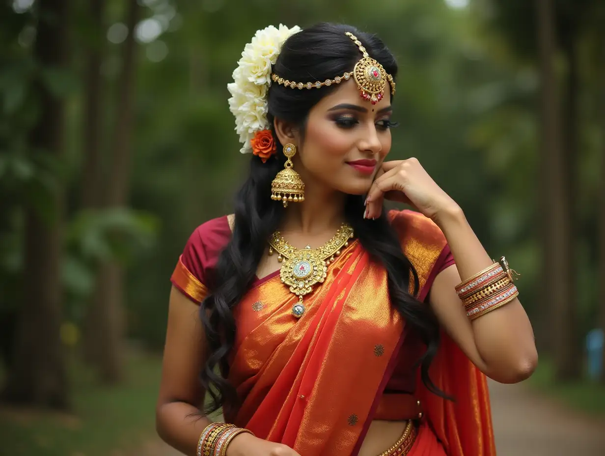 The image features a Kerala woman in traditional attire, with an emphasis on cultural elegance. She is adorned with intricate jewelry, including golden nipple clamp that incorporate small bells. Her long legs are elegantly posed, and her overall stance is graceful and poised. The scene captures the beauty of traditional Kerala fashion and craftsmanship, blending cultural elements with a touch of artistic flair.