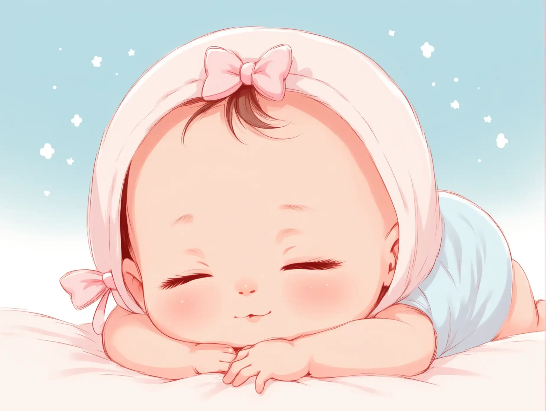 A cute baby peacefully sleeping on their tummy with a soft smile. The baby has a small tuft of hair tied with a pink bow and rosy cheeks, giving a warm and adorable expression. The baby wears a light blue diaper and rests their head on their tiny folded arms. The background is a minimal pastel blue, creating a clean and calming atmosphere. The illustration is in a kawaii, cartoon-style with smooth lines and soft shading, emphasizing the baby's innocence and warmth