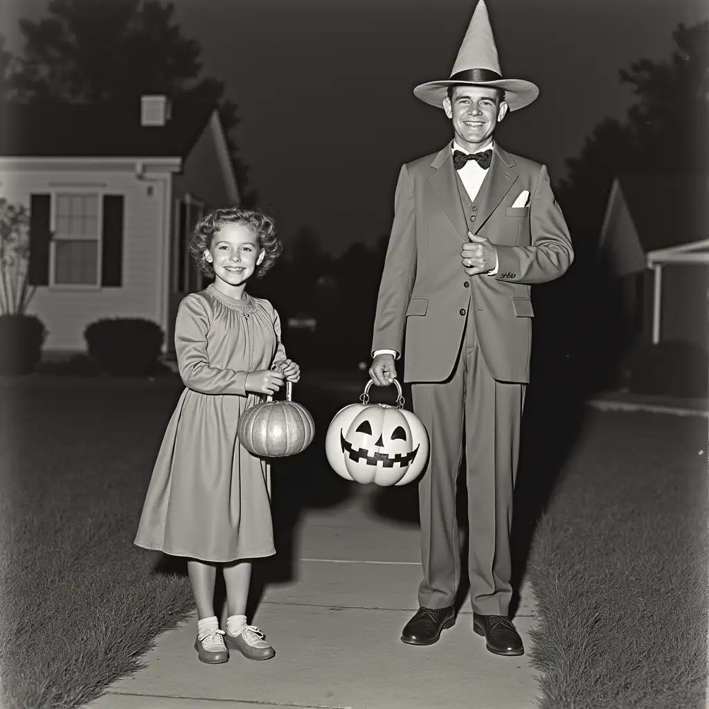 Vintage 1950s Trick or Treating Scene with Children in Costumes