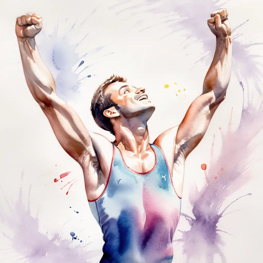 Man Celebrating in Gymnastics Attire with Watercolor Background