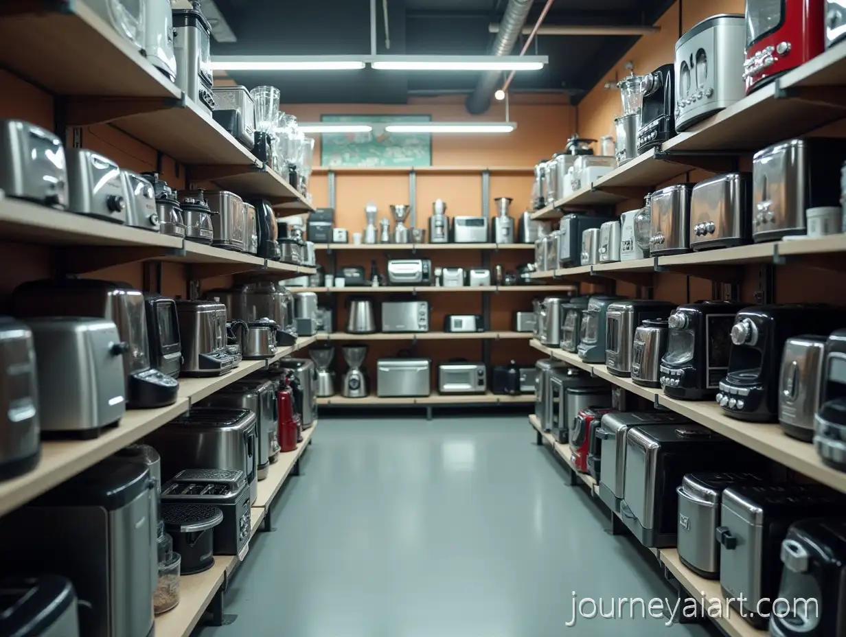 Modern-Appliance-Shop-Interior-with-Realistic-Kitchen-Gadgets-on-Shelves