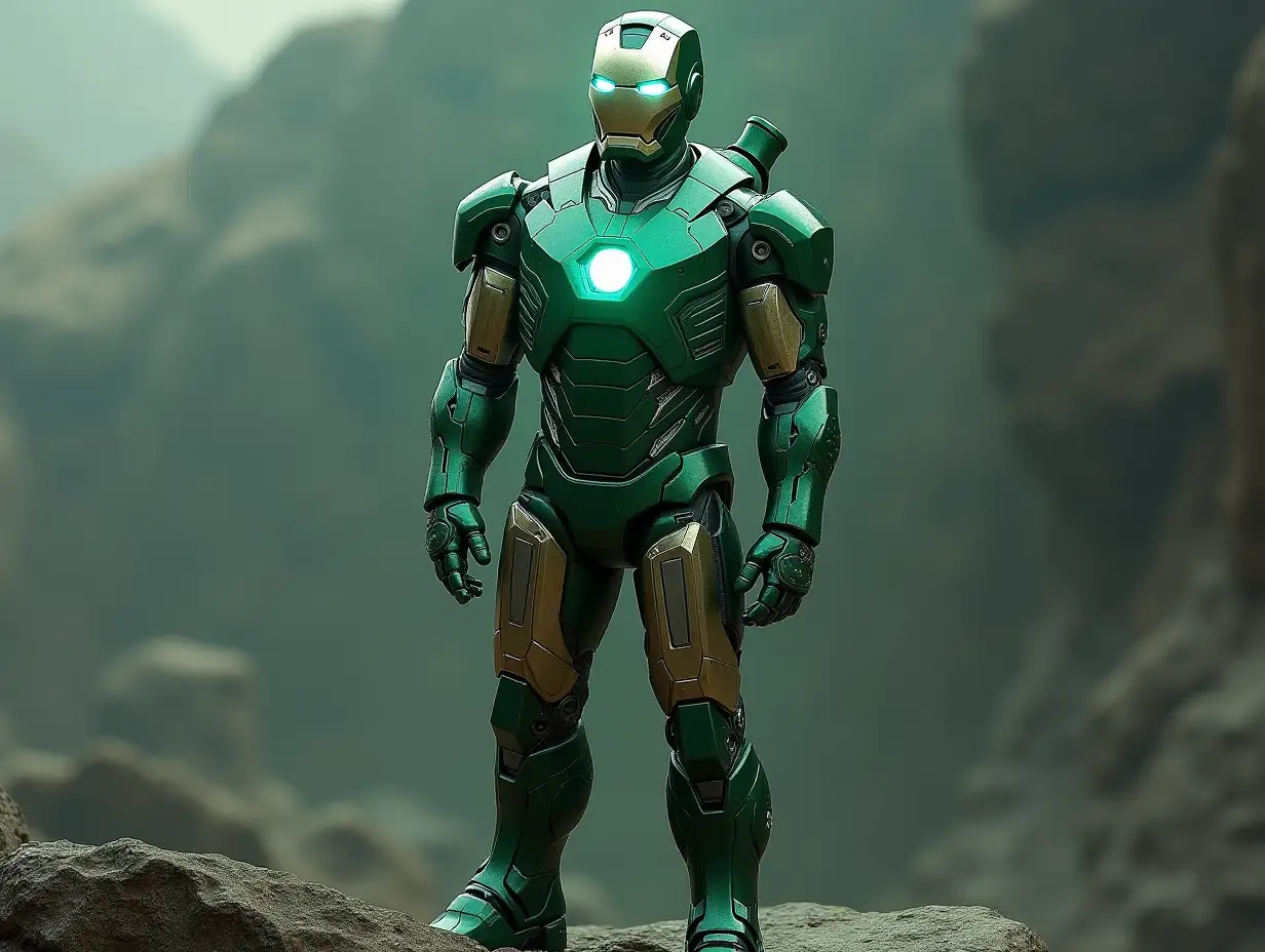 Iron Man with green,chrome costume face shadings stands on a rock 4K resolution