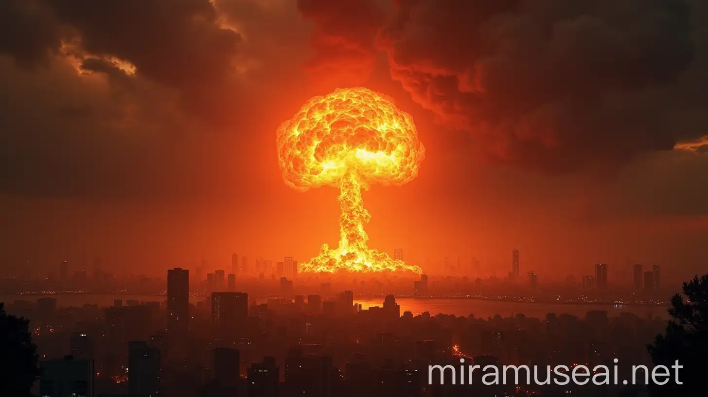 Nuclear Explosion Devastating Urban Landscape with Massive Flames