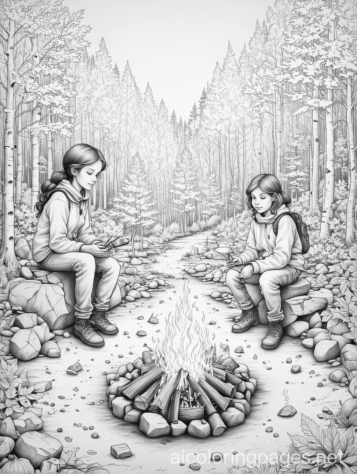 Sitting around a camp fire in fall, line drawing, black and white, Coloring Page, black and white, line art, white background, Simplicity, Ample White Space. The background of the coloring page is plain white to make it easy for young children to color within the lines. The outlines of all the subjects are easy to distinguish, making it simple for kids to color without too much difficulty